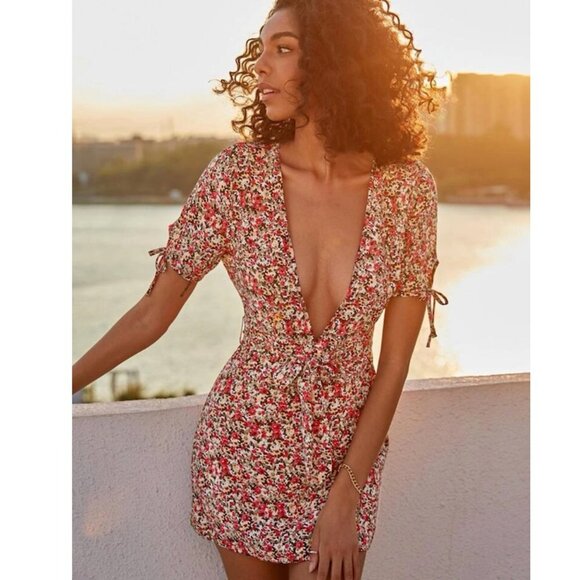 Allover Floral Print Tie Cuff Belted Dress - Picture 1 of 5